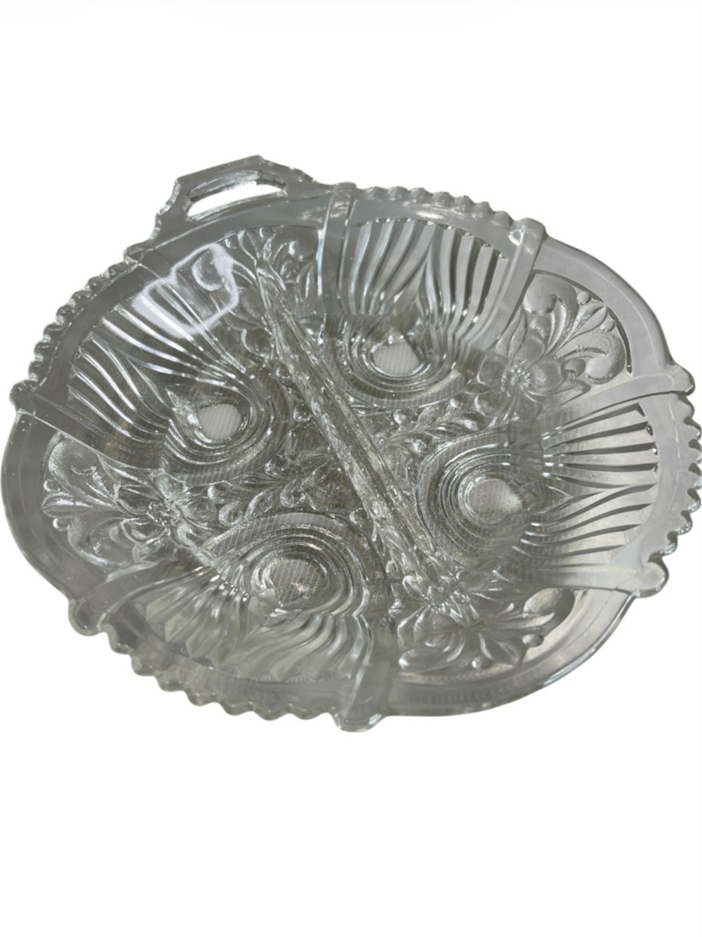 Vintage Clear Pressed Glass Divided 2 Section Serving Dish Ornate Pattern Handle